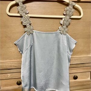 Blue Tassel Women's Silk Camisole with Floral Beaded Embellished Straps